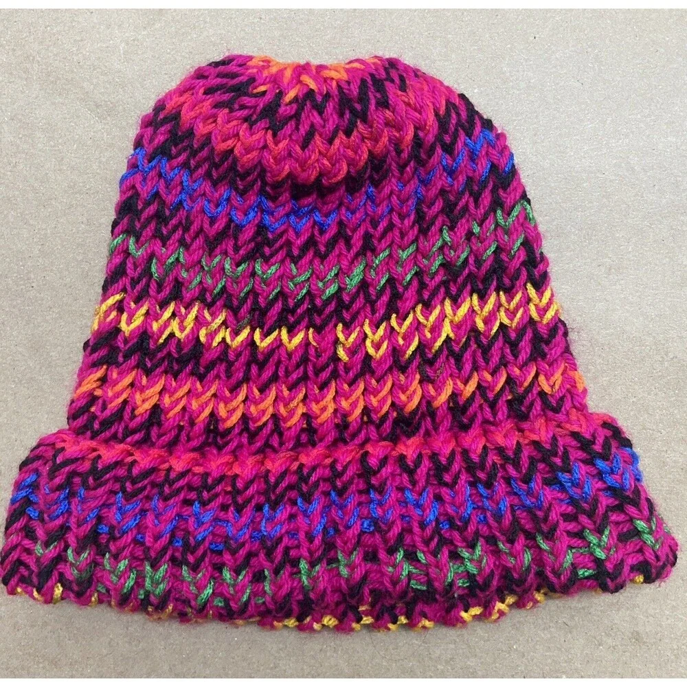 Colorful Hand Knit Ski Cap Pink Purple Grene Yellow  One Size